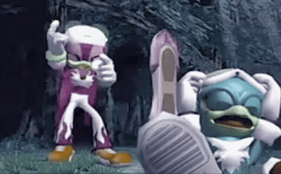 A Couple Of Cartoon Characters Standing Next To Each Other In A Dark Forest . GIF