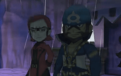 A Couple Of Cartoon Characters Standing Next To Each Other In A Dark Room GIF