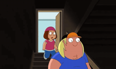 A Couple Of Cartoon Characters Standing Next To Each Other In A Dark Room GIF