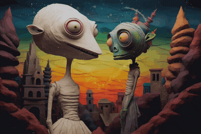 A Couple Of Cartoon Characters Standing Next To Each Other In A Landscape GIF