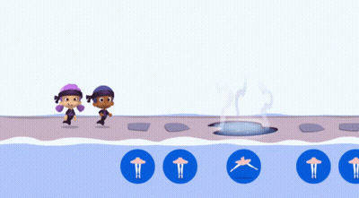 A Couple Of Cartoon Characters Standing Next To Each Other In A Pool GIF