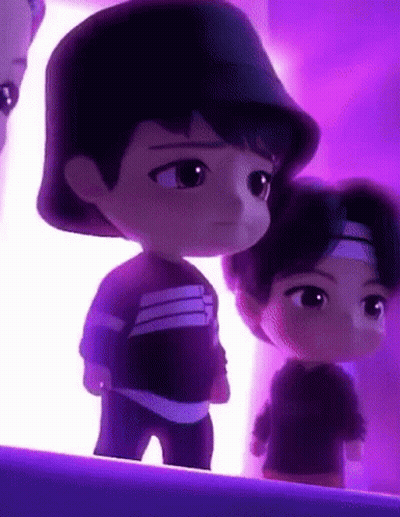 A Couple Of Cartoon Characters Standing Next To Each Other In A Room . GIF