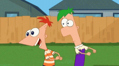 A Couple Of Cartoon Characters Standing Next To Each Other In Front Of A Fence GIF