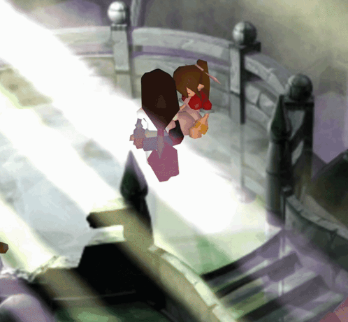 A Couple Of Cartoon Characters Standing Next To Each Other On A Bridge GIF