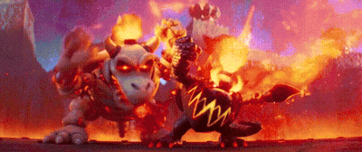 A Couple Of Cartoon Characters Standing Next To Each Other On A Fire . GIF
