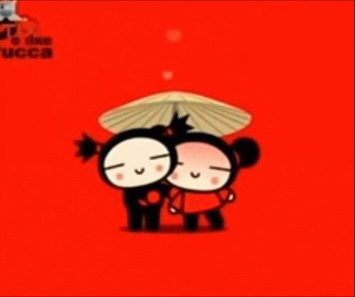 A Couple Of Cartoon Characters Standing Next To Each Other On A Red Background With The Word Ucca On The Bottom GIF