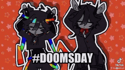 A Couple Of Cartoon Characters Standing Next To Each Other On A Red Background With The Words `` Doomsday '' Written On  GIF