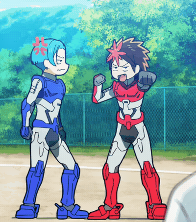 A Couple Of Cartoon Characters Standing Next To Each Other One Has A Red Star On His Head GIF