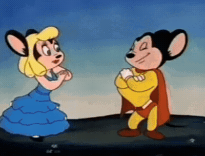 A Couple Of Cartoon Characters Standing Next To Each Other One Of Which Is Wearing A Cape GIF