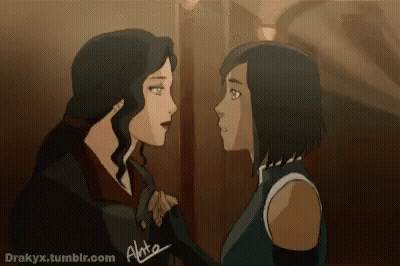 A Couple Of Cartoon Characters Standing Next To Each Other . GIF