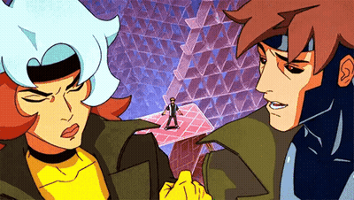 A Couple Of Cartoon Characters Standing Next To Each Other With A Man In The Background GIF