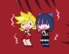 A Couple Of Cartoon Characters Standing Next To Each Other With A Red Background GIF