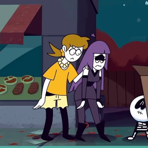 A Couple Of Cartoon Characters Standing Next To Each Other With A Skeleton In The Background GIF