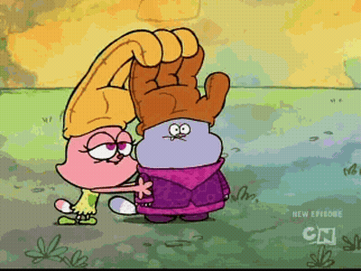 A Couple Of Cartoon Characters Standing Next To Each Other With Cn On The Bottom Right GIF