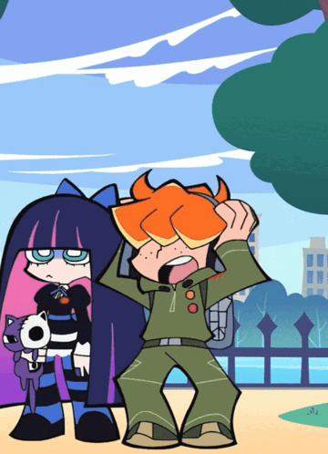 A Couple Of Cartoon Characters Standing Next To Each Other With One Holding A Cat GIF