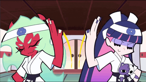 A Couple Of Cartoon Characters Standing Next To Each Other With One Wearing A Headband That Has A Flower On It GIF