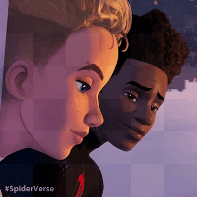 A Couple Of Cartoon Characters Standing Next To Each Other With #Spiderverse Written Below Them GIF