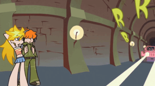A Couple Of Cartoon Characters Standing Next To Each Other With The Letters R And B In The Background GIF