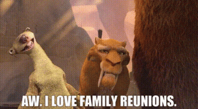 A Couple Of Cartoon Characters Standing Next To Each Other With The Words Aw I Love Family Reunions GIF