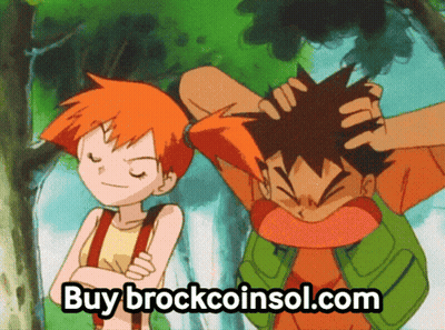 A Couple Of Cartoon Characters Standing Next To Each Other With The Words Buy Brockcoinsol.com On The Bottom GIF