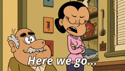 A Couple Of Cartoon Characters Standing Next To Each Other With The Words Here We Go GIF