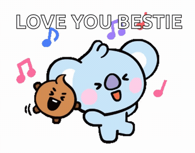 A Couple Of Cartoon Characters Standing Next To Each Other With The Words Love You Bestie Written Above Them GIF