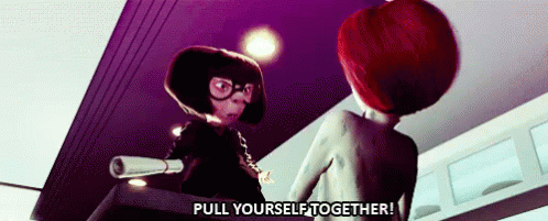 A Couple Of Cartoon Characters Standing Next To Each Other With The Words `` Pull Yourself Together '' . GIF