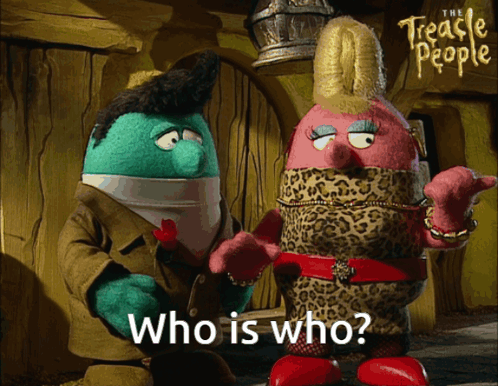 A Couple Of Cartoon Characters Standing Next To Each Other With The Words Who Is Who Below Them GIF
