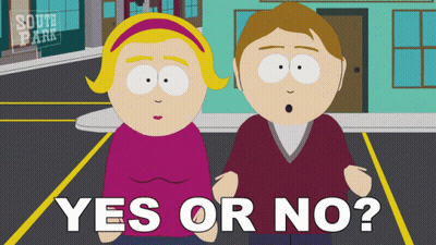A Couple Of Cartoon Characters Standing Next To Each Other With The Words Yes Or No Written Below Them GIF