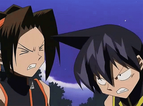 A Couple Of Cartoon Characters Standing Next To Each Other With Their Mouths Open GIF
