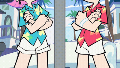 A Couple Of Cartoon Characters Standing Next To Each Other GIF