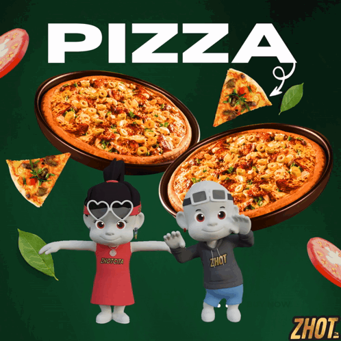 A Couple Of Cartoon Characters Standing Next To Two Pizzas With The Word Pizza On It GIF