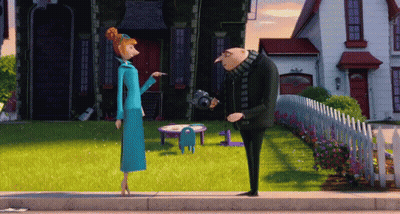 A Couple Of Cartoon Characters Standing On A Sidewalk In Front Of A House GIF