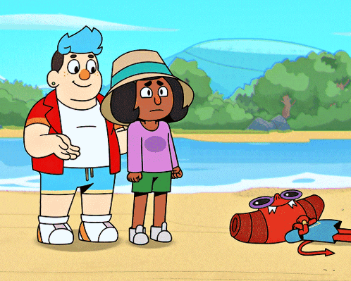 A Couple Of Cartoon Characters Standing On The Beach GIF