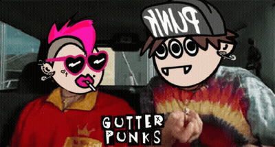 A Couple Of Cartoon Characters With Gutter Punks Written In Black GIF