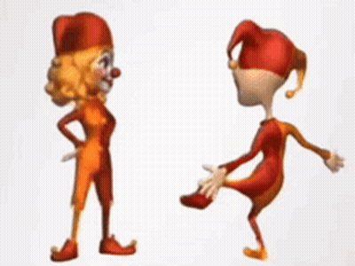 A Couple Of Cartoon Clowns Are Dancing Together On A White Background GIF