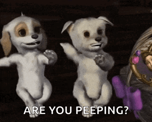 A Couple Of Cartoon Dogs Are Dancing With The Words Are You Peeping Behind Them GIF