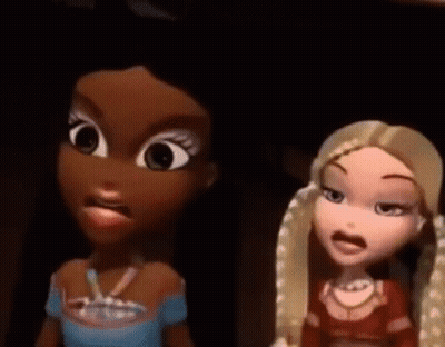 A Couple Of Cartoon Dolls Standing Next To Each Other . GIF