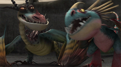 A Couple Of Cartoon Dragons Looking At Each Other With Their Mouths Open GIF