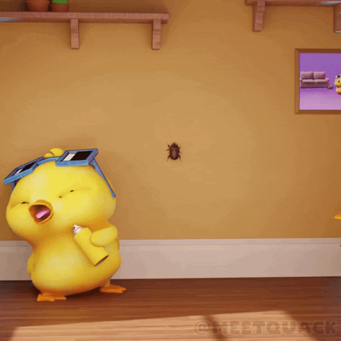 A Couple Of Cartoon Ducks Standing Next To Each Other With A Bug In The Background GIF