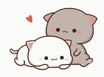 A Couple Of Cats Are Hugging Each Other With A Heart Flying In The Background . GIF