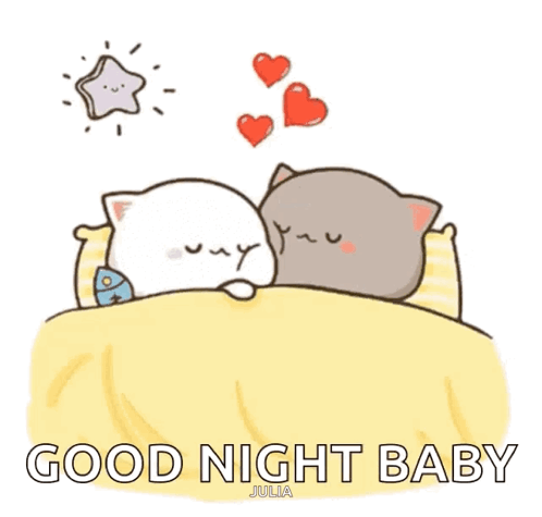 A Couple Of Cats Are Sleeping In A Bed With The Words `` Good Night Baby '' Written On The Bottom . GIF
