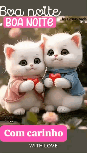 A Couple Of Cats Holding Hearts In Their Hands And A Button That Says `` Com Carinho With Love '' . GIF