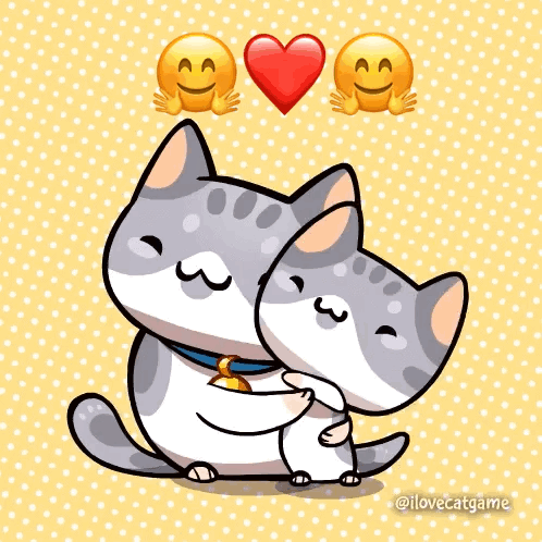 A Couple Of Cats Hugging Each Other With A Heart And Smiley Faces Above Them GIF