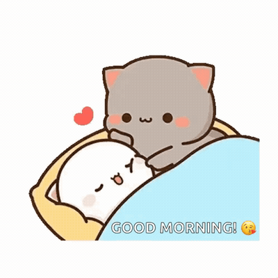 A Couple Of Cats Laying In A Bed With The Words `` Good Morning '' . GIF