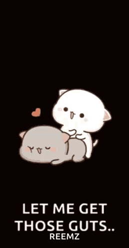 A Couple Of Cats Laying Next To Each Other On A Black Background With The Words `` Let Me Get Those Guts . '' GIF