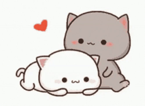 A Couple Of Cats Laying Next To Each Other On A White Background With A Heart In The Background . GIF