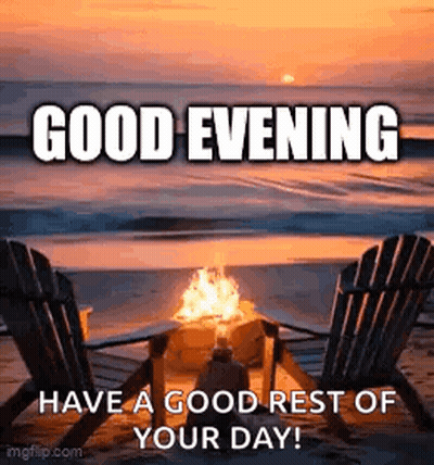 A Couple Of Chairs Sitting Next To A Fire On A Beach At Sunset . GIF
