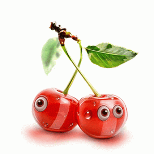 A Couple Of Cherries With Big Eyes And A Green Leaf GIF