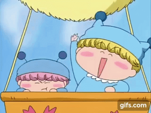 A Couple Of Children Are Sitting In A Hot Air Balloon . GIF